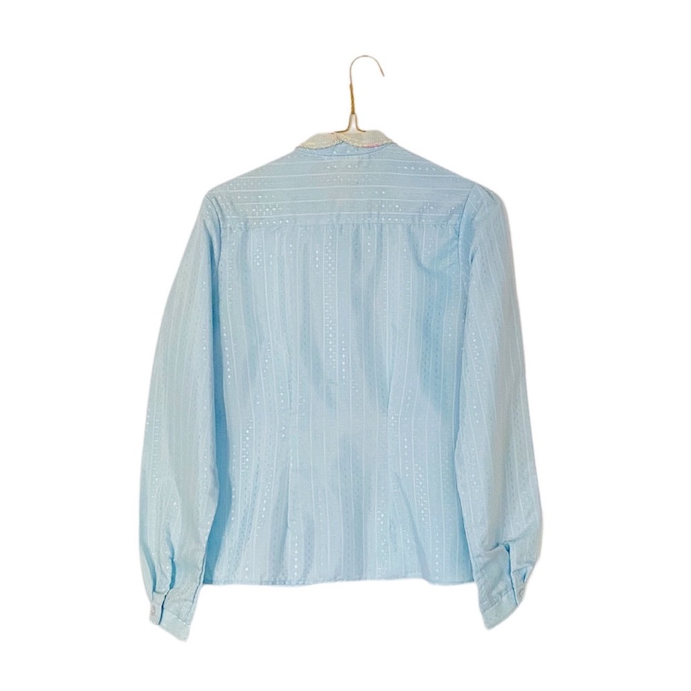 70s VTG light blue floral cottage core collar button up blouse - Picture 2 of 8